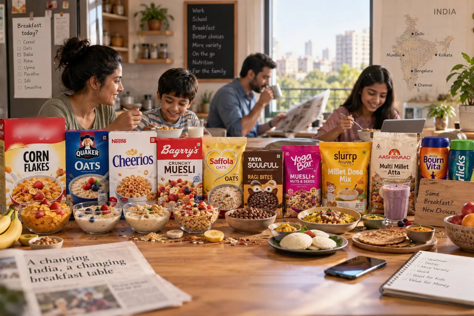A family breakfast table in an Indian home, cereal packs lined up beside cooked dishes, a newspaper and a notebook of breakfast choices.