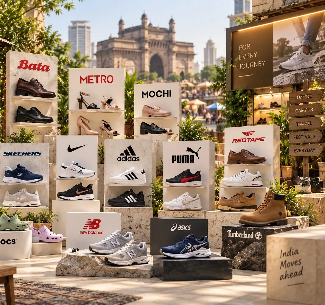 Shelves of shoes from many brands on stone plinths in an open-air display, a city skyline behind.