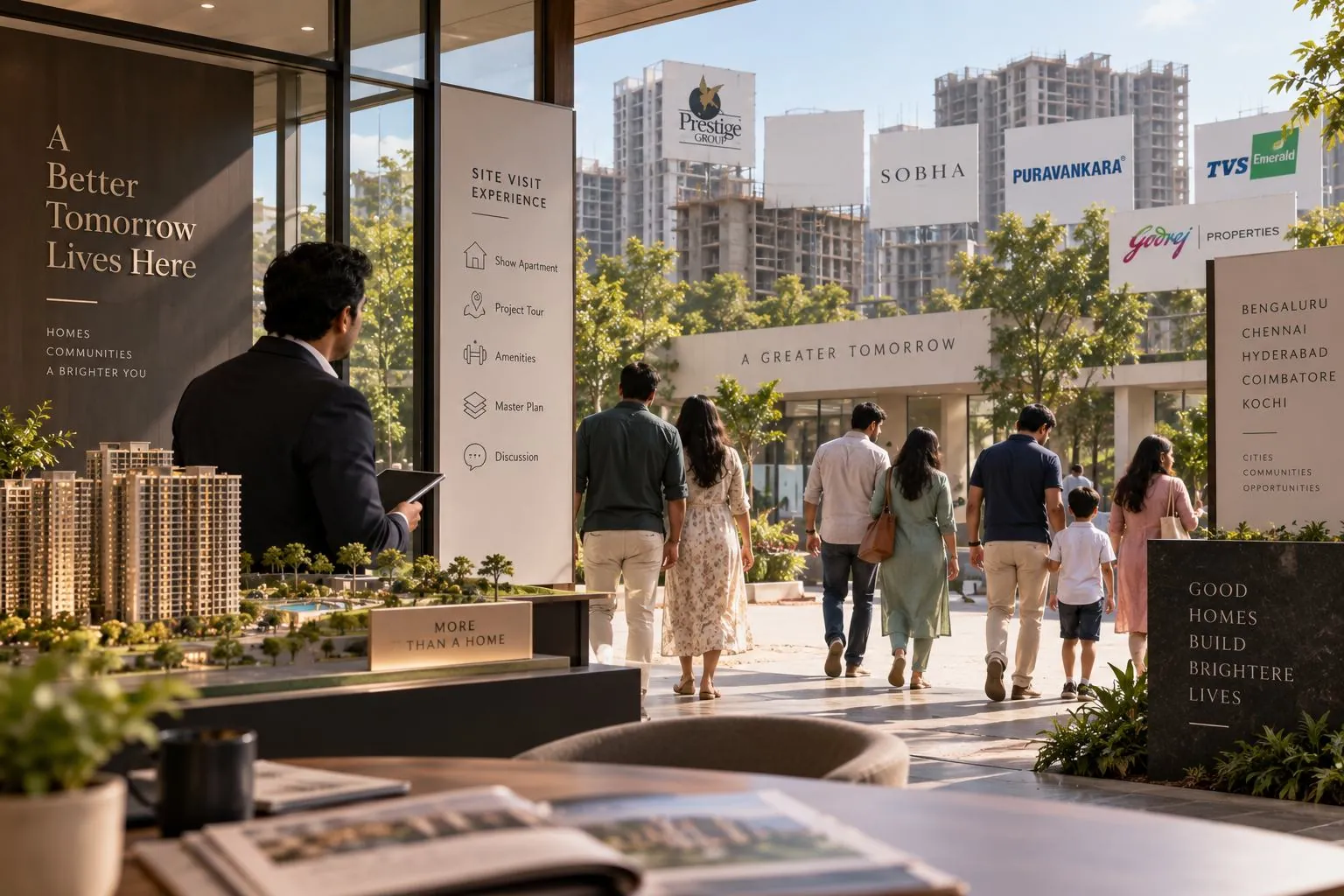A sales gallery with a scale model of apartment towers, families walking out towards a site lined with developer hoardings.